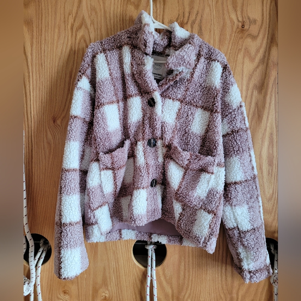 Stoosh Pink Plaid Teddy Bear Jacket and Fuzzy Coat XL oversized